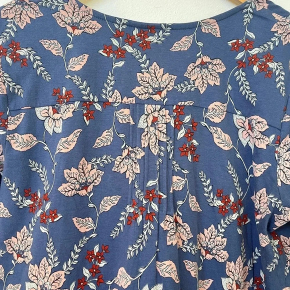 J. Jill Sz M Modal Denim Blue Floral Long Sleeve Tunic Blouse Trim Casual Vneck - Picture 4 of 10